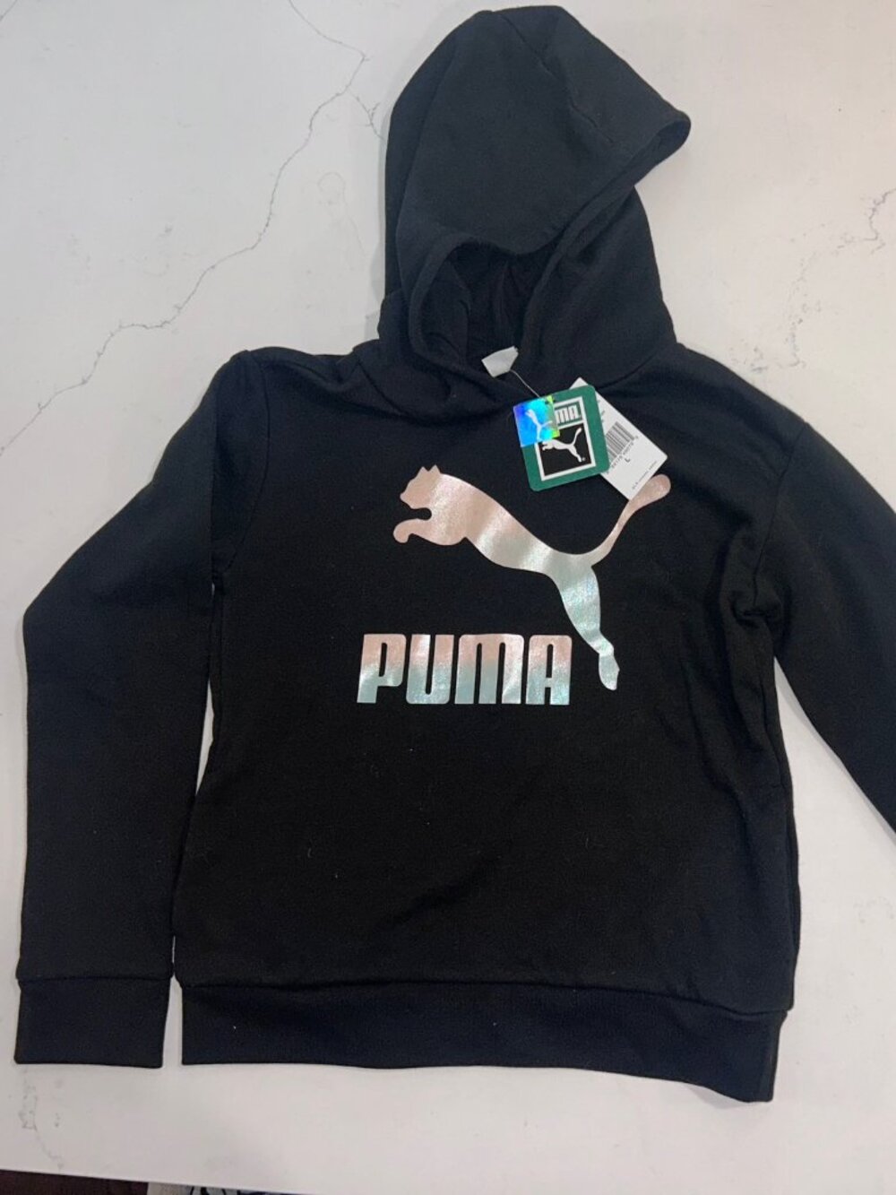 NWT Puma Girls Classics Big Logo Foil Hoodie Black Size L 12-14